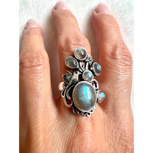 925 Bird + Flower Flash Labradorite Ring 6, 7, 8, 9 - Picture 2 of 6